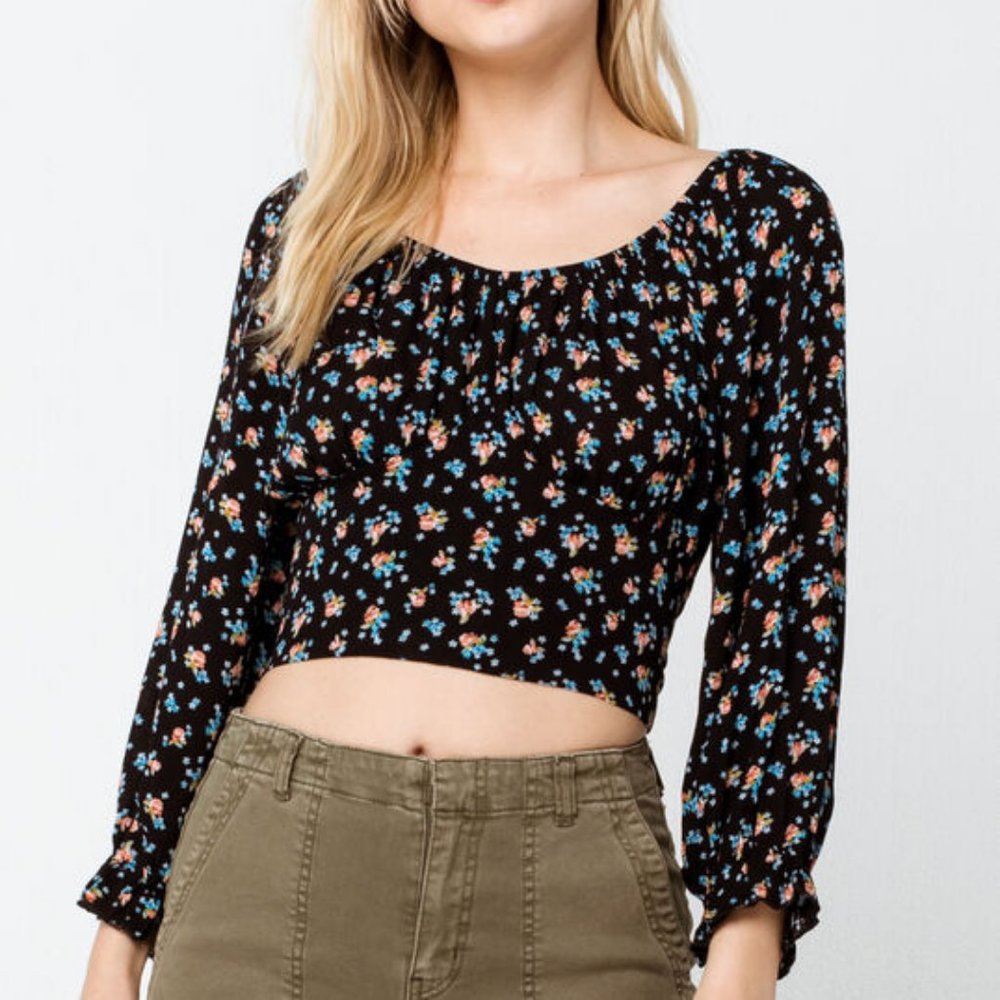 Black Floral Long Sleeve Crop Top with Tie Back
